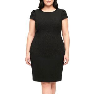 Betsey Johnson Black Matelassé Embossed Scroll Sheath Dress Cap Sleeve LBD XL